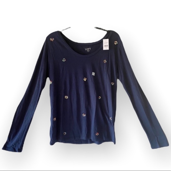 Ann Taylor Loft Womens Top Navy Blue Sequin Long Sleeve Cotton Tee Medium Small - Picture 3 of 10